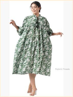 Hand Block Printed Cotton A-Line Maternity Dress with Tassel Neckline